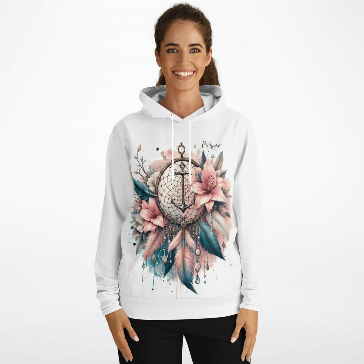 Weißer Hoodie mit Anker-Traumfänger-Print, floralem Design und Federn im Aquarell-Stil für Fans von kreativen DIY-Motiven.