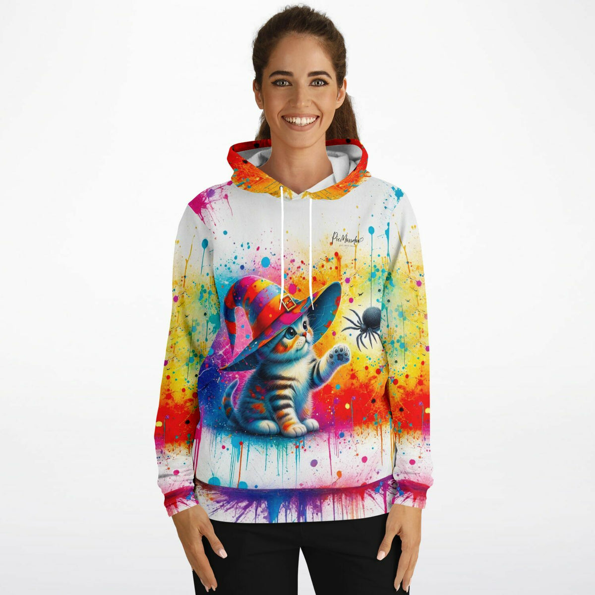 Frau trägt Hoodie mit buntem Kitty Cat Zauberkatze Motiv im Stil von Diamond Painting und Malen nach Zahlen Kunst