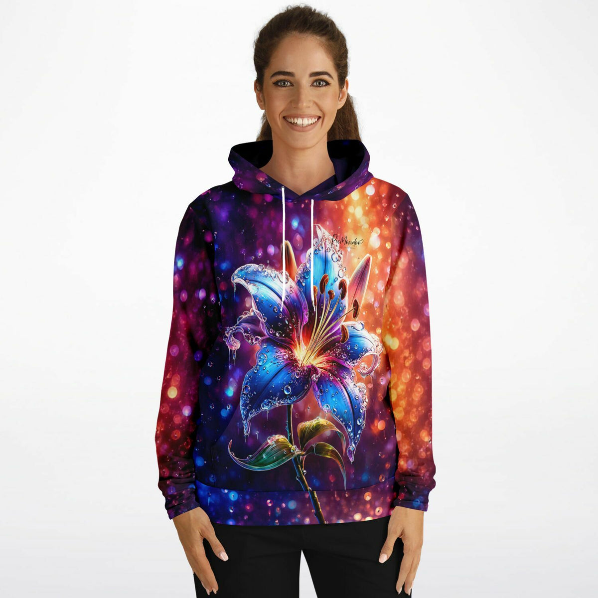 Dreamer Hoodie Regenlied mit leuchtendem Lilien-Motiv im bunten Diamond Painting Stil für kreative Kunst-Fans