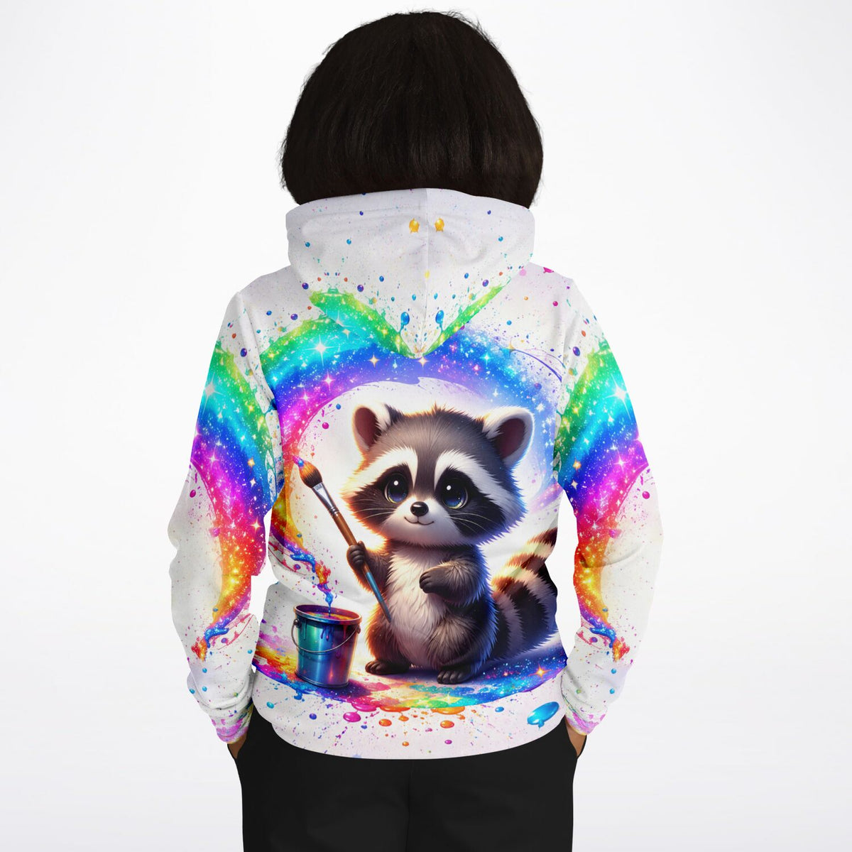 Hoodie mit Waschbär-Motiv und bunten Farbklecksen, inspiriert von Malen nach Zahlen und kreativen DIY-Kunstwerken.