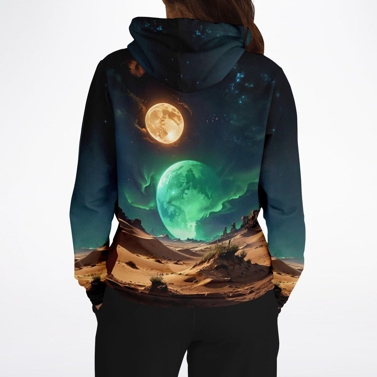 Dreamer Hoodie Finsternis mit Weltraum-Motiv, Planeten und Wüstenlandschaft im All-over-Print Design