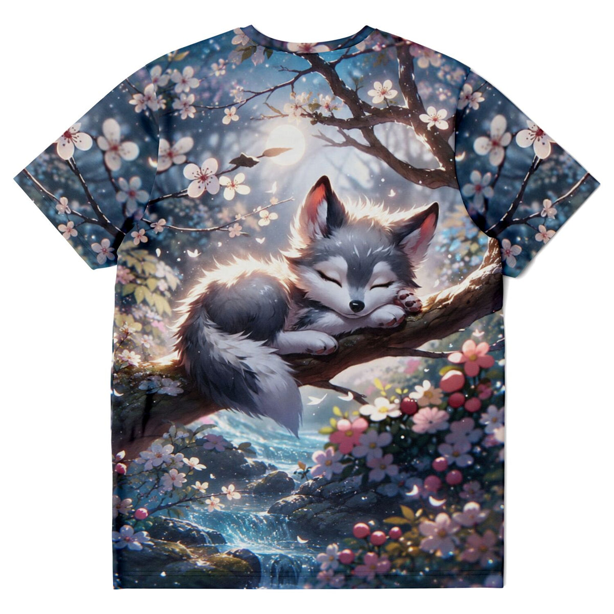 T-Shirt mit Yukis Frühling Design: Schlafender Fuchs in blühendem Baum unter Vollmond, passend zu Diamond Painting.