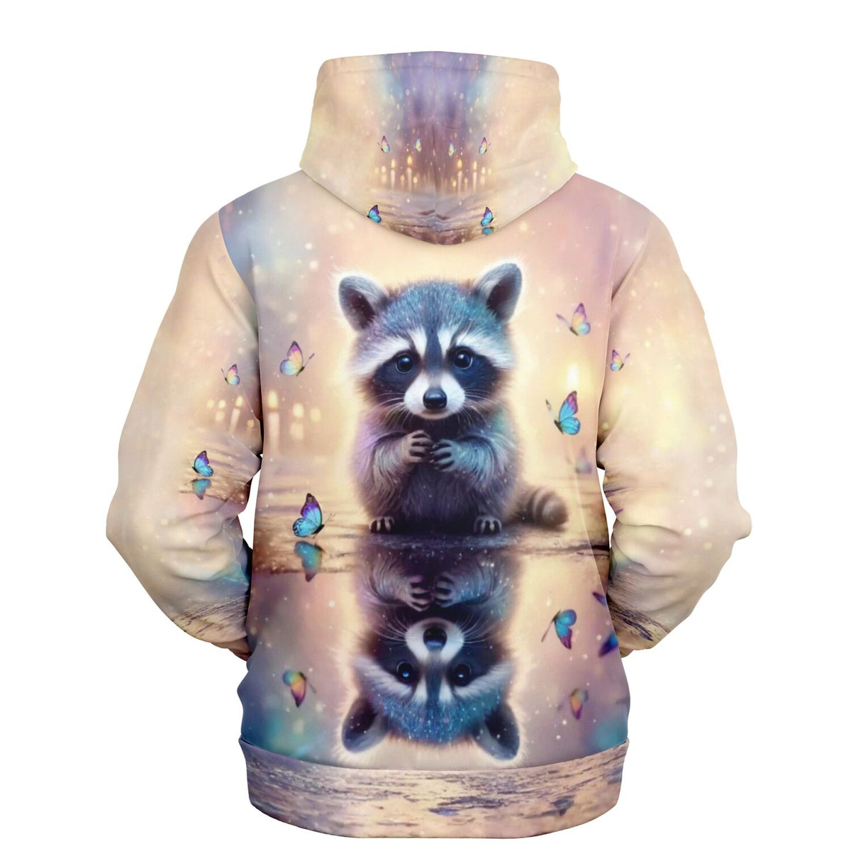 Dreamer Hoodie Waschbär Bubby mit Schmetterlingen und Spiegelung, hochwertiges AOP All-Over-Print Design für Tierfreunde