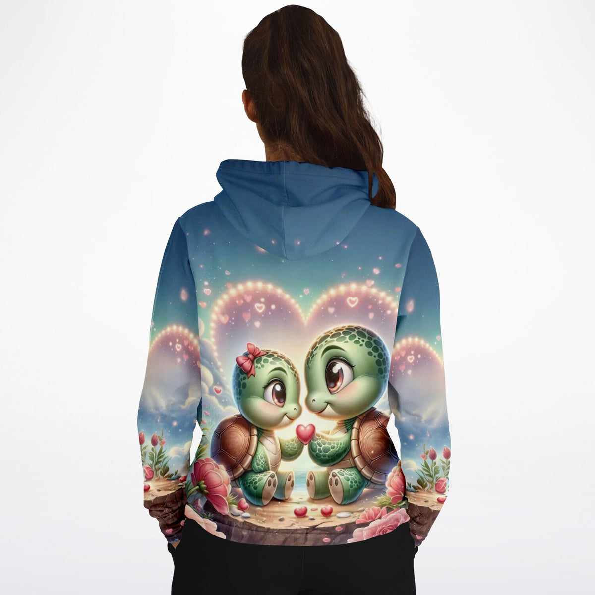 Dreamer Hoodie mit zwei verliebten Schildkröten im Diamond Painting Stil, romantisches Motiv mit Herz-Lichtern