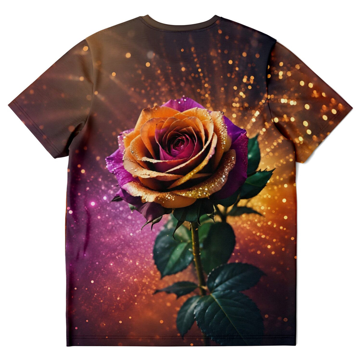 T-Shirt mit buntem Rosen-Motiv, das den funkelnden Stil von Diamond Painting und Malen nach Zahlen Kunstwerken widerspiegelt.
