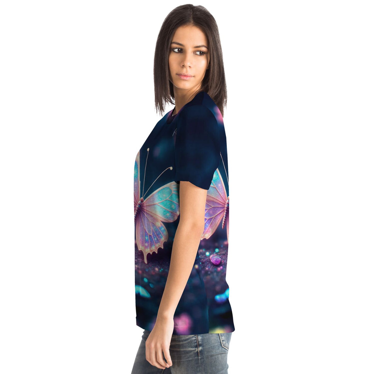 Dreamer T-Shirt mit leuchtendem Schmetterlingsmotiv im Stil von Diamond Painting für Fans kunstvoller Mode