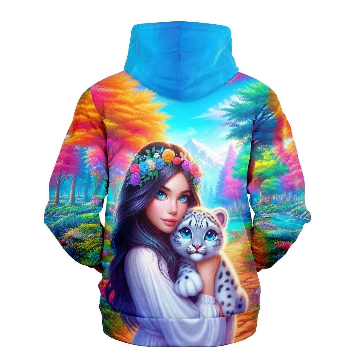 Dreamer Hoodie Amira's Paradies mit buntem Fantasy-Motiv, Mädchen und Schneeleopard, ideal für Fans von Malen nach Zahlen