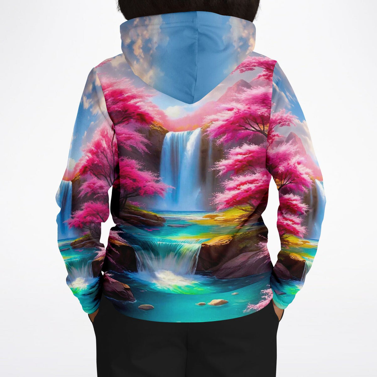 Dreamer Hoodie mit Kirschblüten am Wasserfall Motiv, ideal für Fans von Diamond Painting und Malen nach Zahlen Kunst.