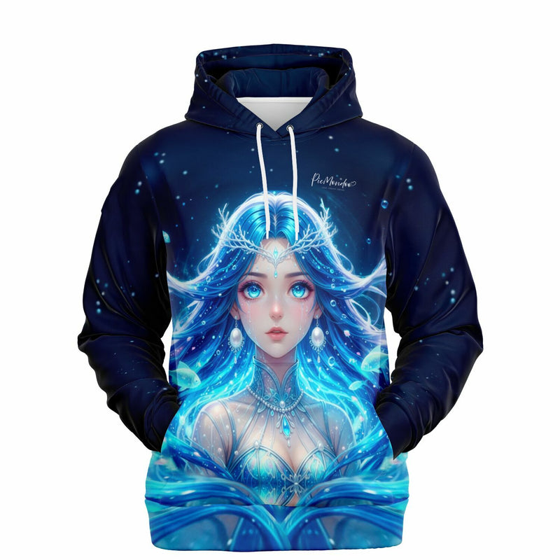 Dreamer Hoodie mit Nerelya Hüterin der Tiefe Motiv, hochwertiger AOP-Druck in Blau, ideal für Diamond Painting Fans.