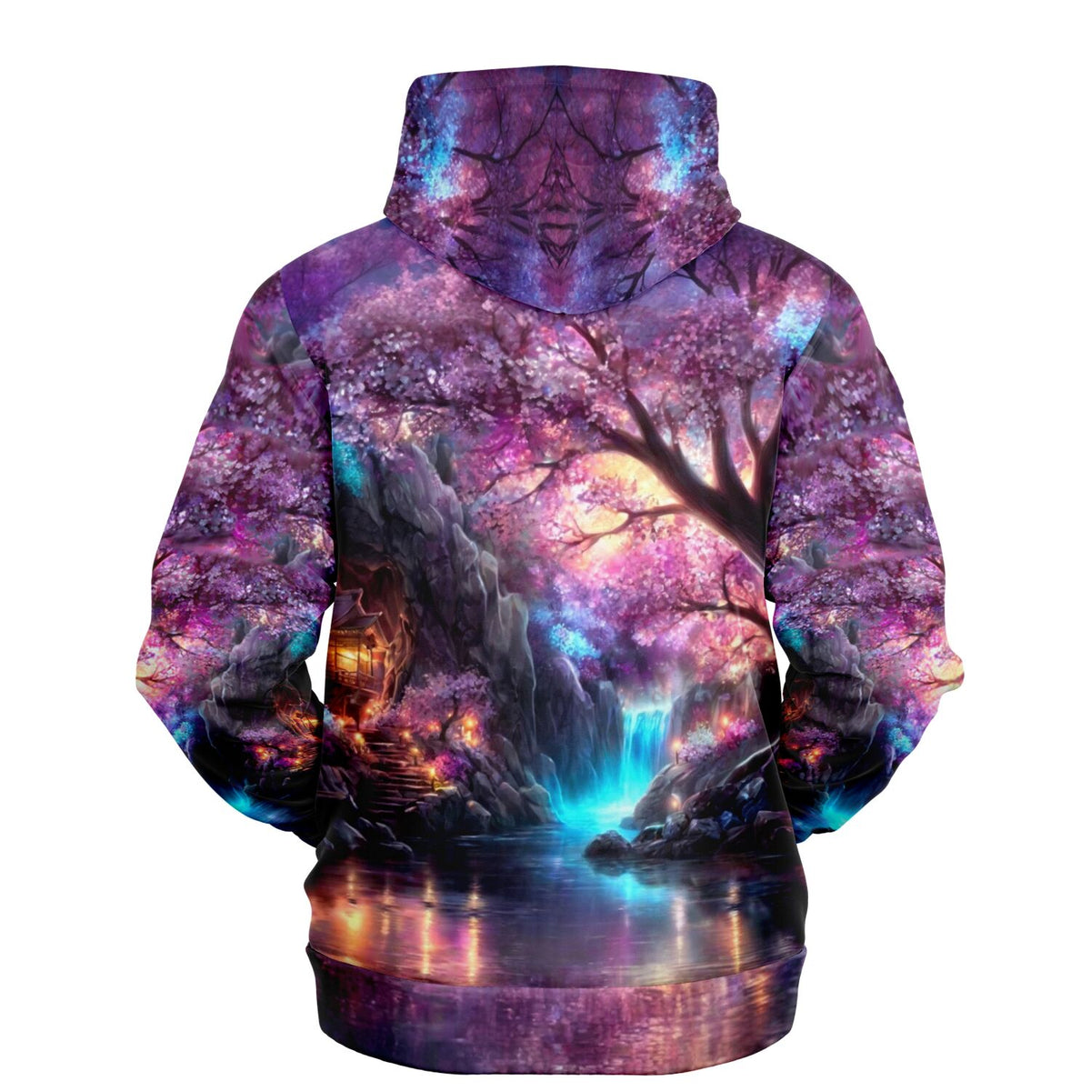 Dreamer Hoodie mit Sakura-Motiv, leuchtendem Kirschblütenbaum und Wasserfall im Diamond Painting Design