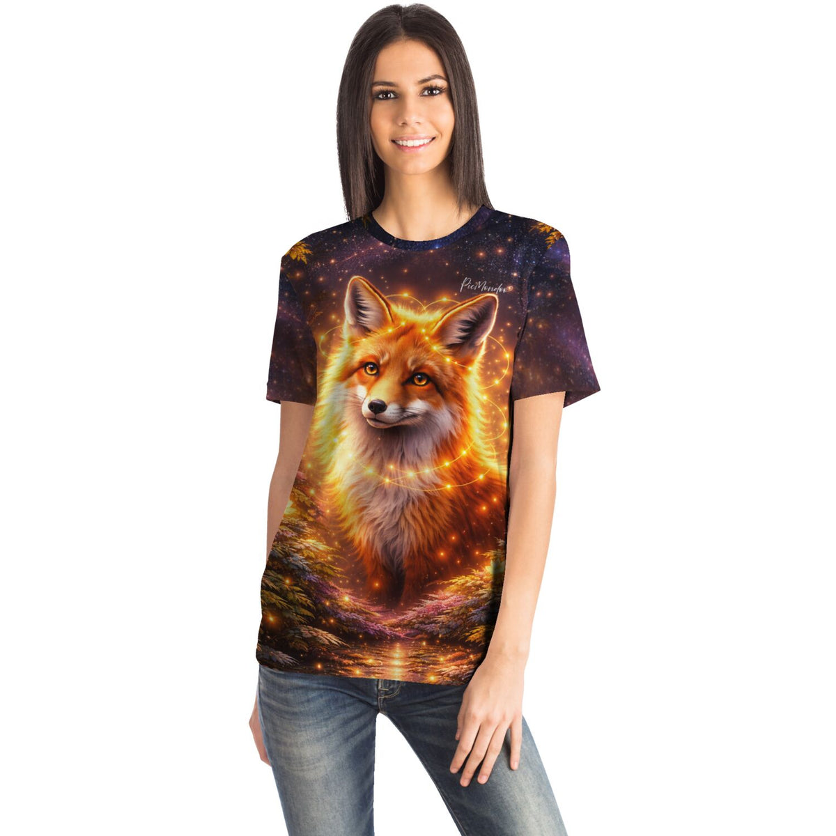 Frau trägt T-Shirt mit magischem Fuchs-Motiv, inspiriert von Diamond Painting Kunst und Malen nach Zahlen Designs