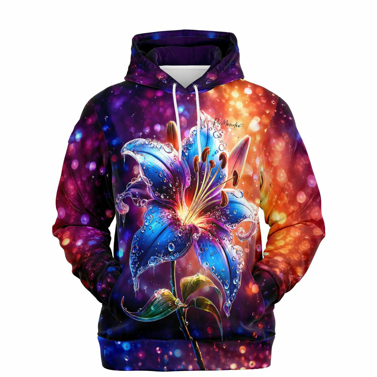 Dreamer Hoodie Regenlied mit leuchtendem Lilien-Motiv, inspiriert von Diamond Painting und Malen nach Zahlen Kunst.