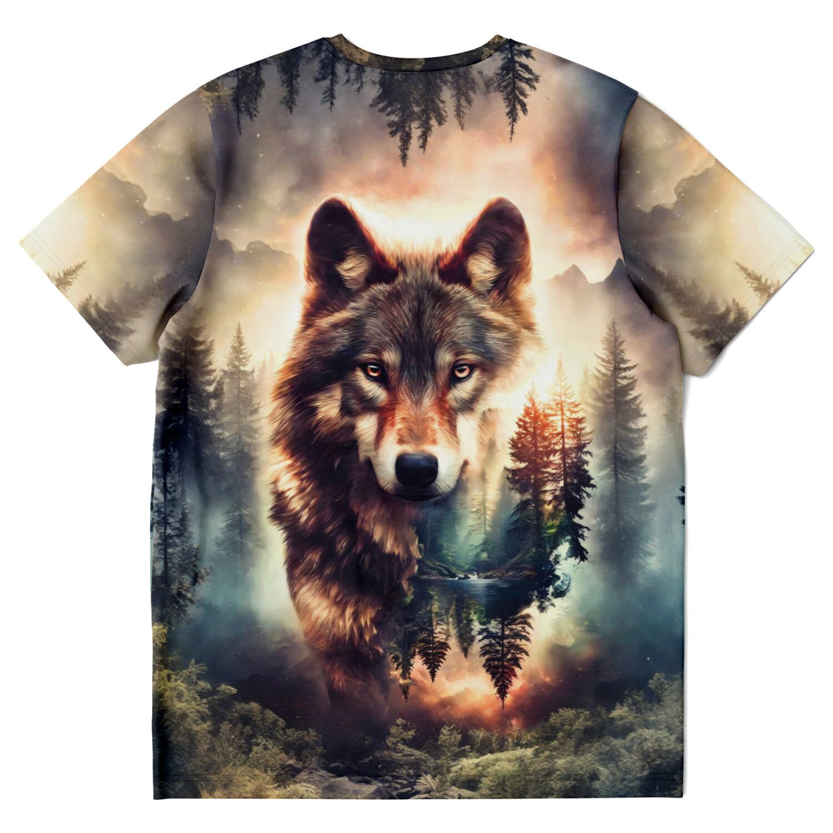 T-Shirt mit künstlerischem Wolf-Motiv und Wald-Landschaft, inspiriert von Diamond Painting und Malen nach Zahlen Stilen.
