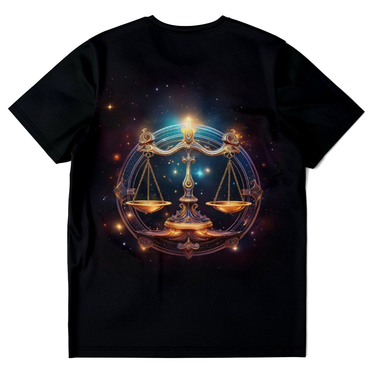 Schwarzes T-Shirt mit goldener Waage Sternzeichen Motiv, ideal für DIY-Fans von Malen nach Zahlen und Diamond Painting