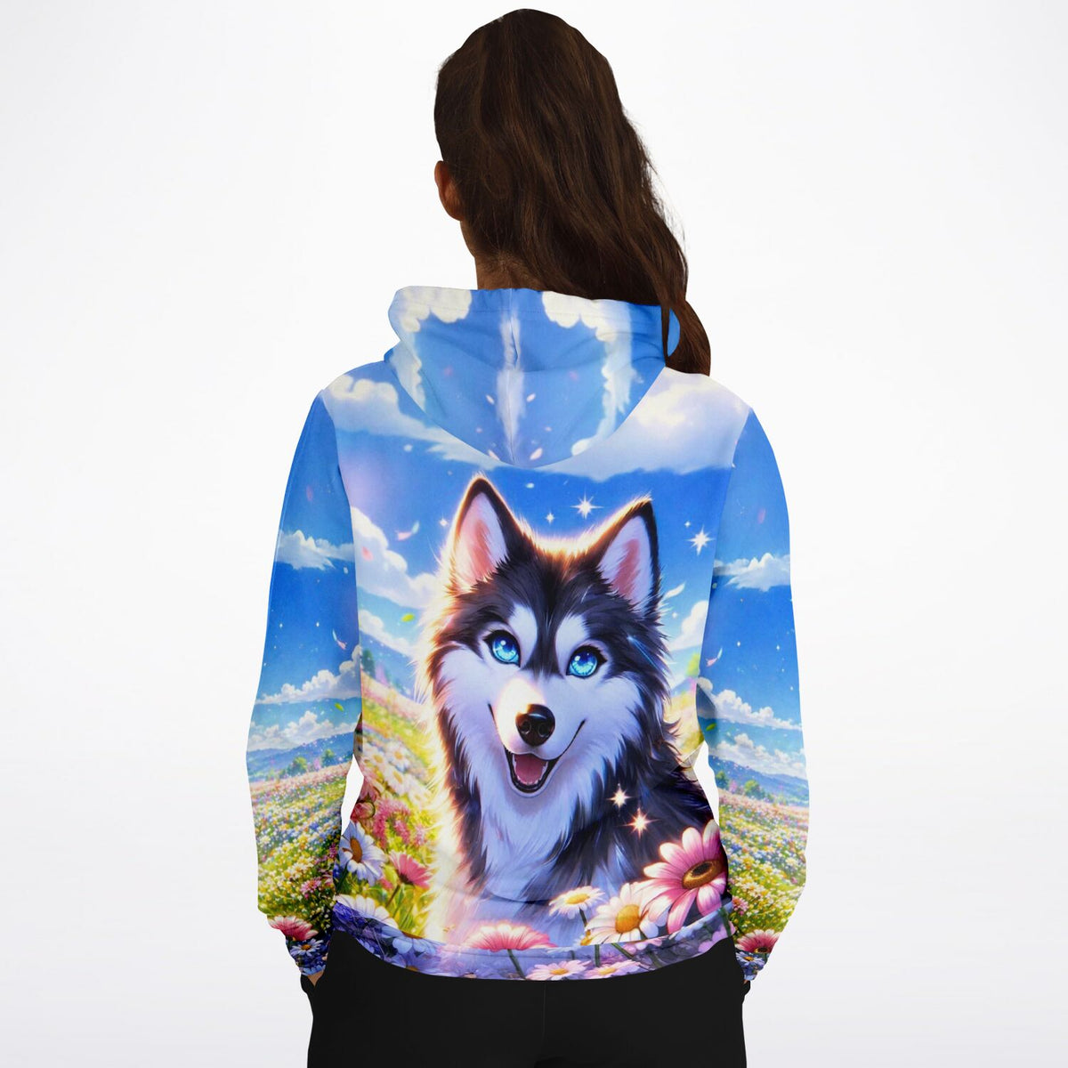 Dreamer Hoodie mit Husky-Motiv auf Blumenwiese in leuchtenden Farben wie beim beliebten Diamond Painting
