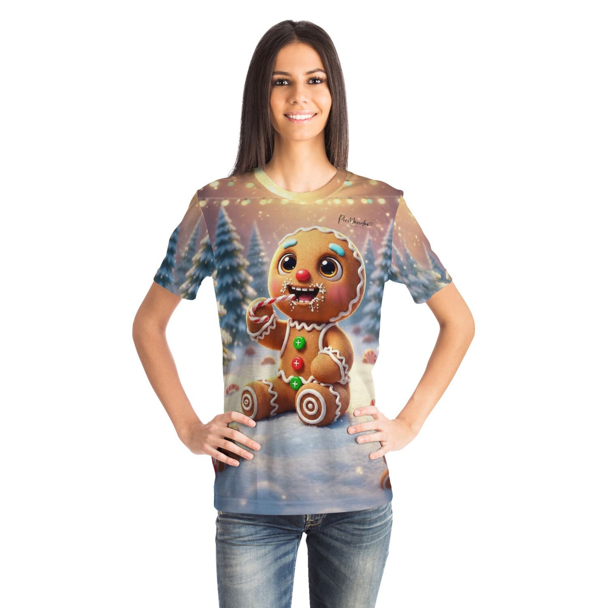 Frau trägt T-Shirt mit niedlichem Lebkuchenmann Motiv, perfekt für Fans von Diamond Painting und Malen nach Zahlen