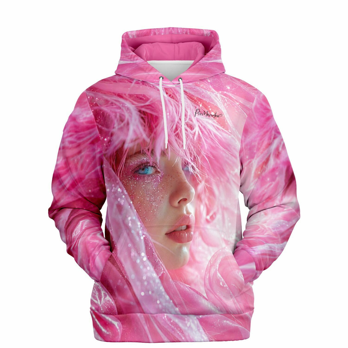Pinker Dreamer Hoodie mit glitzerndem Frauenporträt im Stil von Diamond Painting Motiven für kreative Fashion-Fans