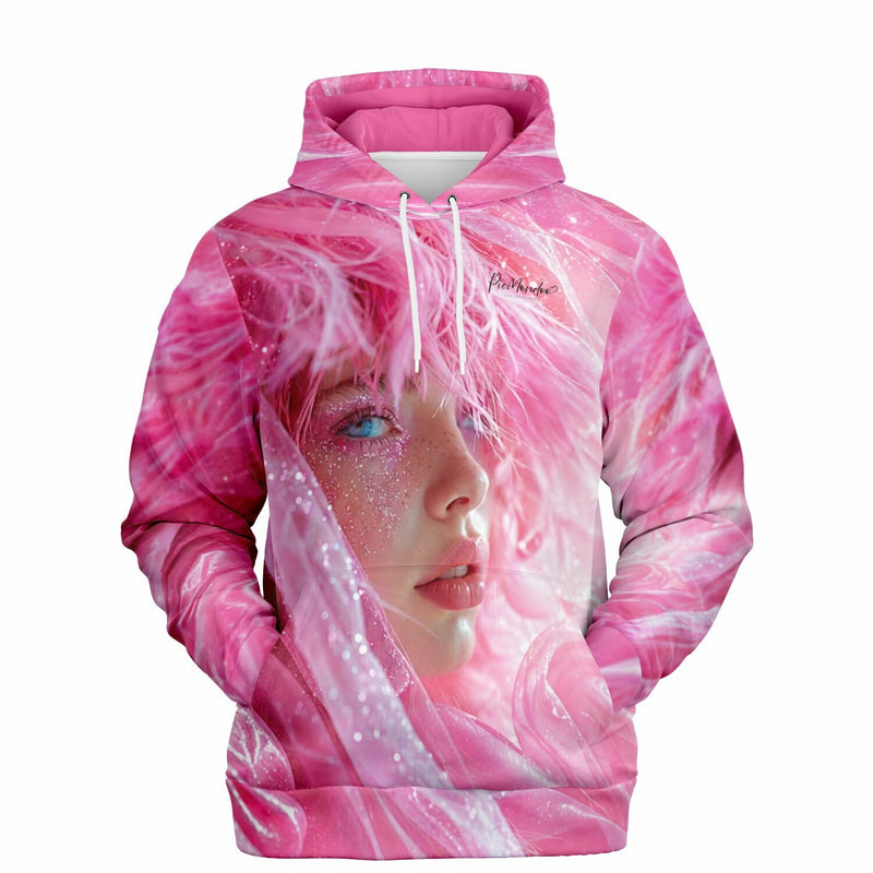 Pinker Dreamer Hoodie mit glitzerndem Frauenporträt im Stil von Diamond Painting Motiven für kreative Fashion-Fans