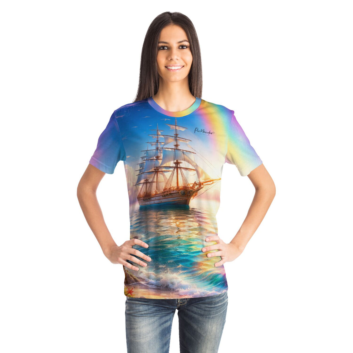 Frau trägt Dreamer T-Shirt mit buntem Segelschiff-Motiv wie bei Diamond Painting und Malen nach Zahlen für Erwachsene