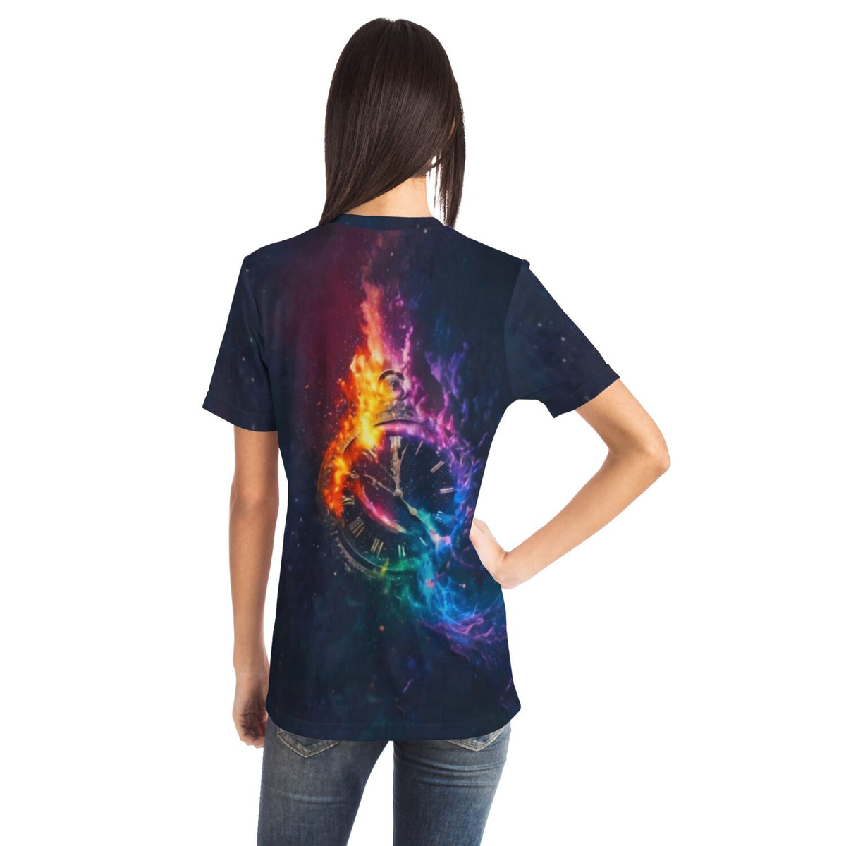 Dreamer T-Shirt mit farbenfrohem Uhren-Motiv im magischen Galaxy-Look für Fans von Diamond Painting und DIY-Kunst