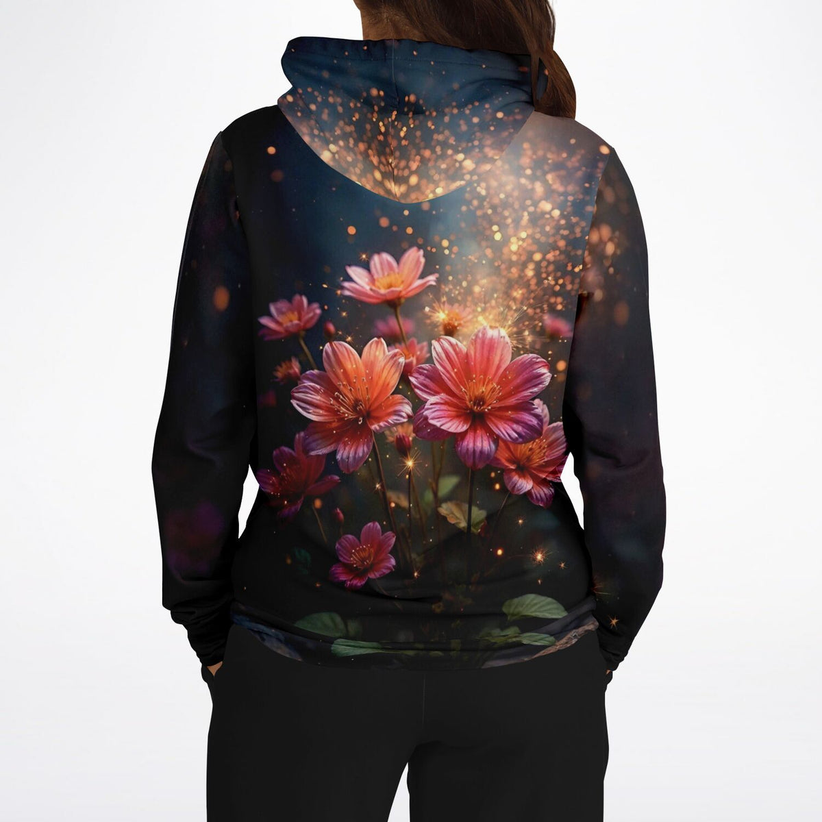 Dreamer Hoodie mit Flower Sparkle Motiv: bunte Blumen, goldener Glitzer-Effekt auf schwarzem Hintergrund.