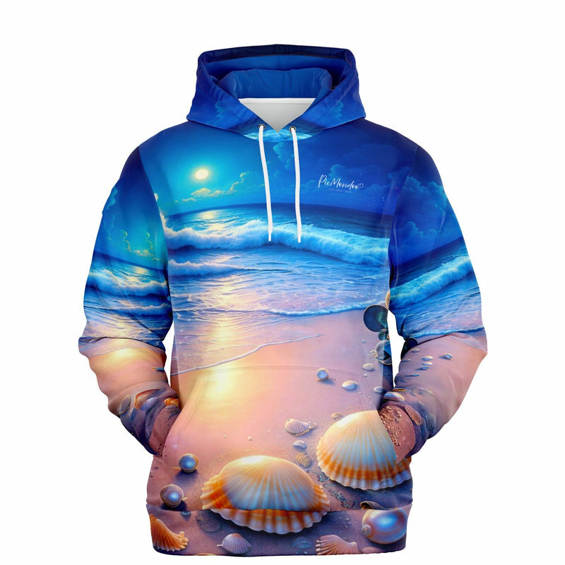 Dreamer Hoodie mit Strand bei Nacht Motiv, inspiriert von Diamond Painting Ästhetik mit Muscheln und Mondlicht
