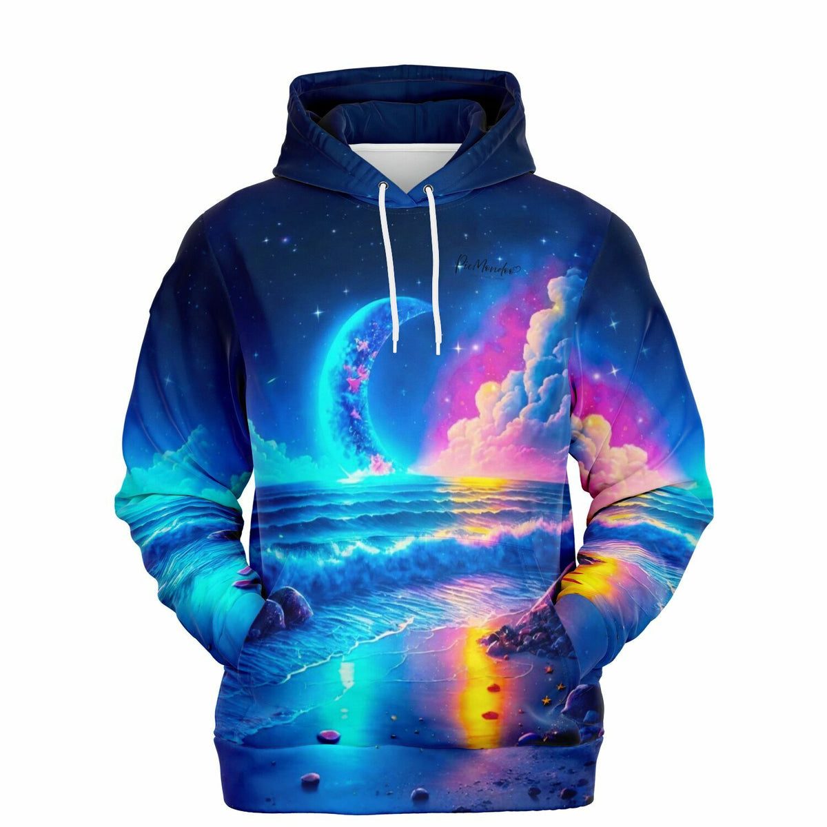Dreamer Hoodie mit farbenfrohem Mondschein-Motiv am Strand, das an Diamond Painting und Malen nach Zahlen erinnert
