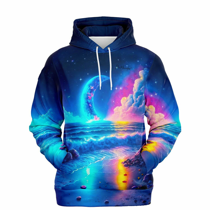 Dreamer Hoodie mit farbenfrohem Mondschein-Motiv am Strand, das an Diamond Painting und Malen nach Zahlen erinnert