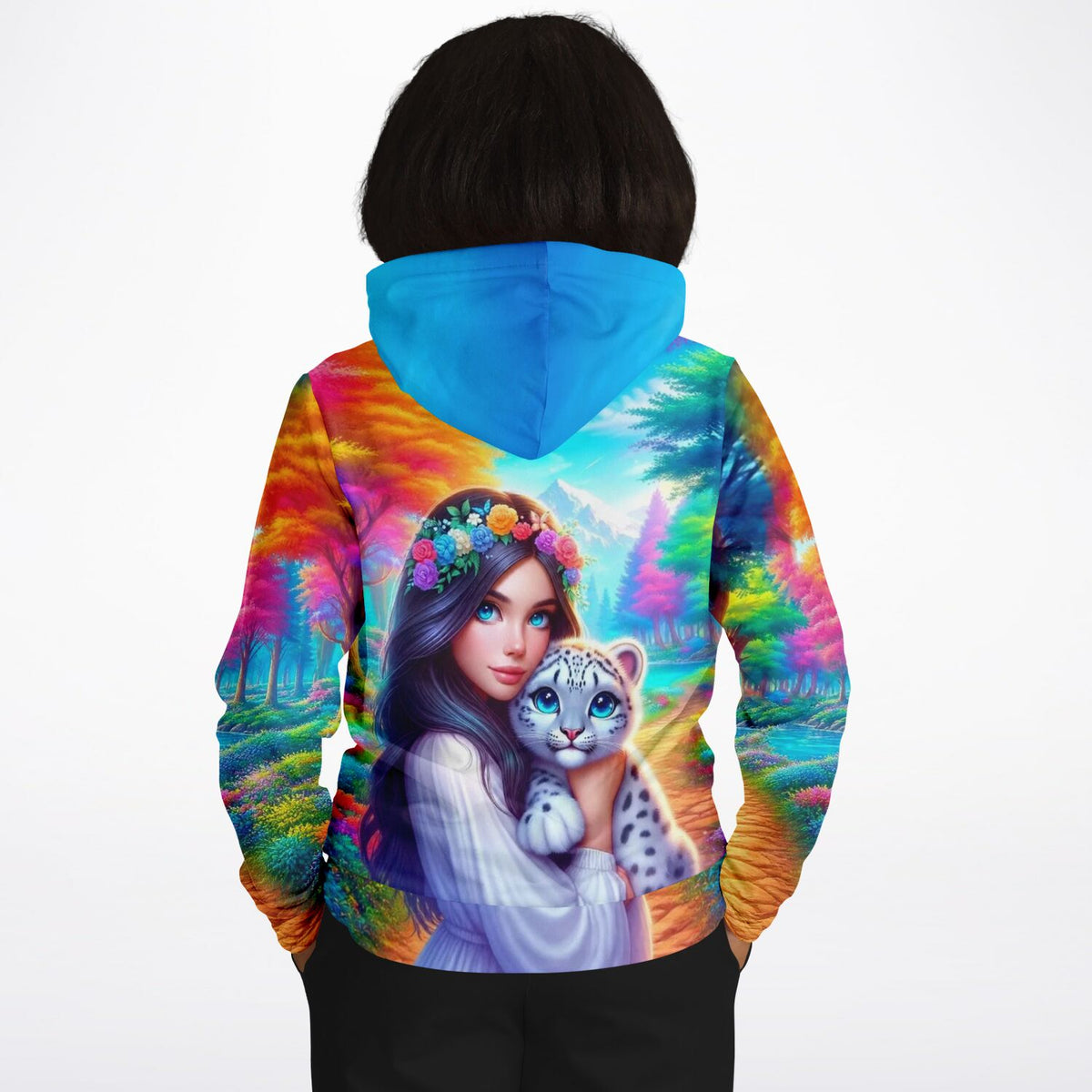 Dreamer Hoodie Amira’s Paradies mit buntem Mädchen- und Schneeleoparden-Motiv im Stil von Diamond Painting Kunst
