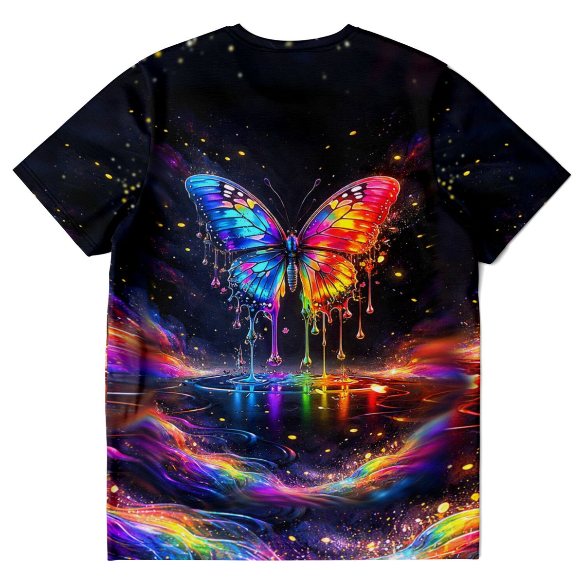 Schwarzes T-Shirt mit farbenfrohem Waterdrop-Schmetterling im Stil kreativer Diamond Painting und Malen nach Zahlen Kunst
