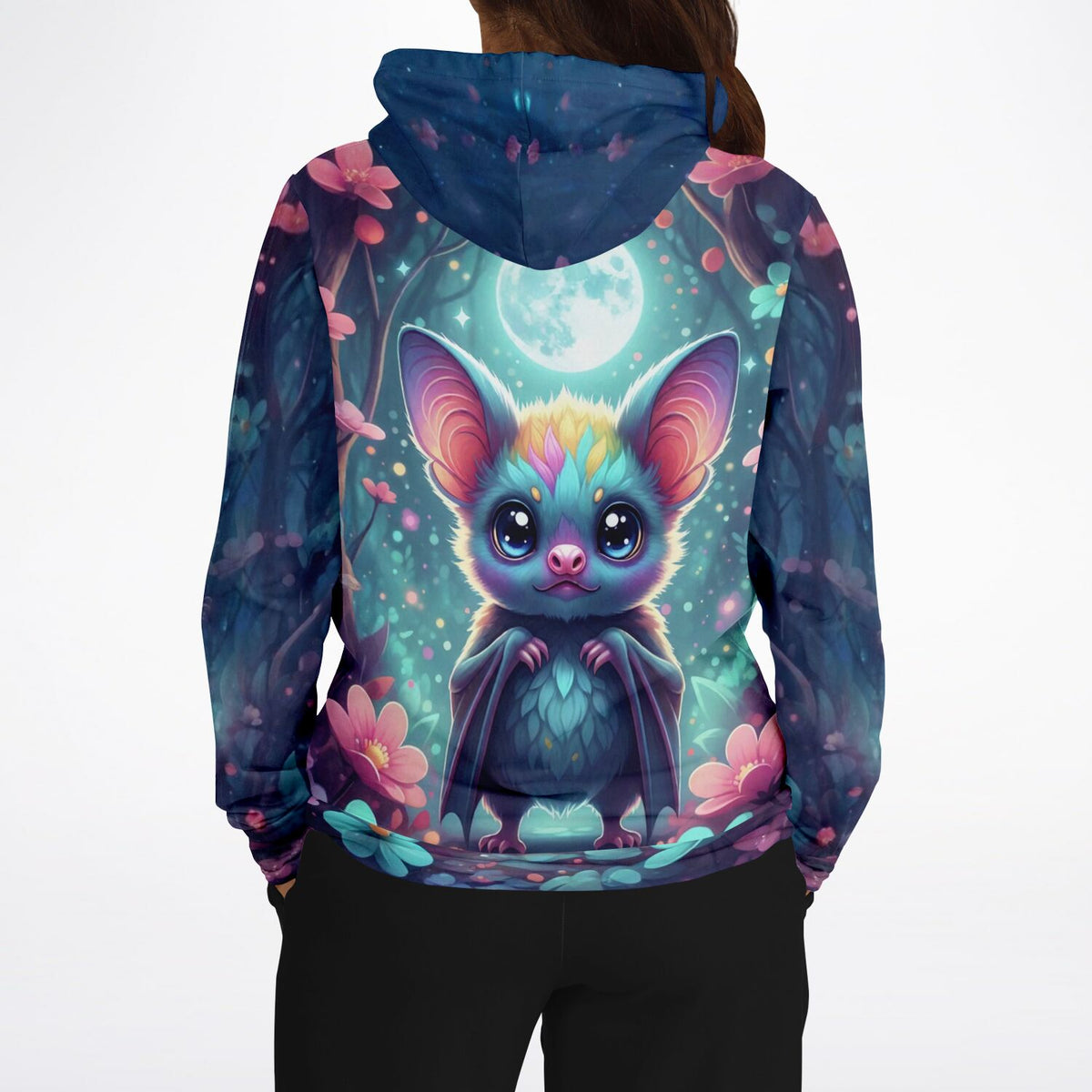 Hoodie mit Freddy Fledermaus Motiv, nächtlicher Waldszene und Mond, ideal für Fans von Diamond Painting und DIY-Art