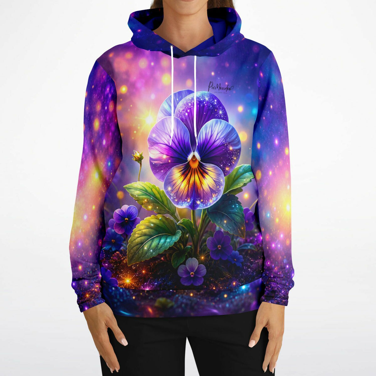 Dreamer Hoodie Sternenveilchen mit lila Stiefmütterchen-Motiv vor galaktischem Hintergrund für DIY-Fans