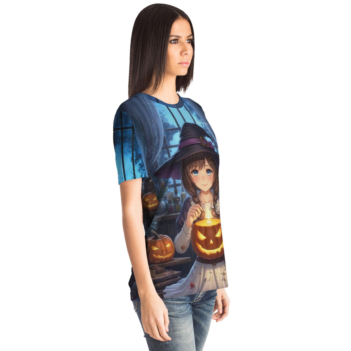 Frau trägt Dreamer T-Shirt mit Little Sabrina Anime-Motiv inklusive Hexe und Kürbissen im Stil von Diamond Painting