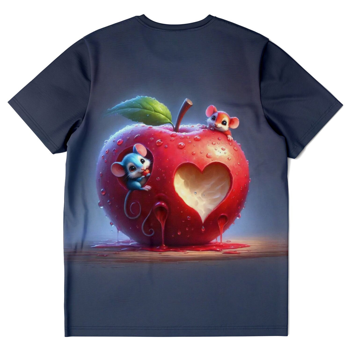 Dunkelblaues T-Shirt mit liebevollem Apfel-Motiv, zwei süßen Mäusen und herzförmiger Aussparung im leuchtend roten Apfel