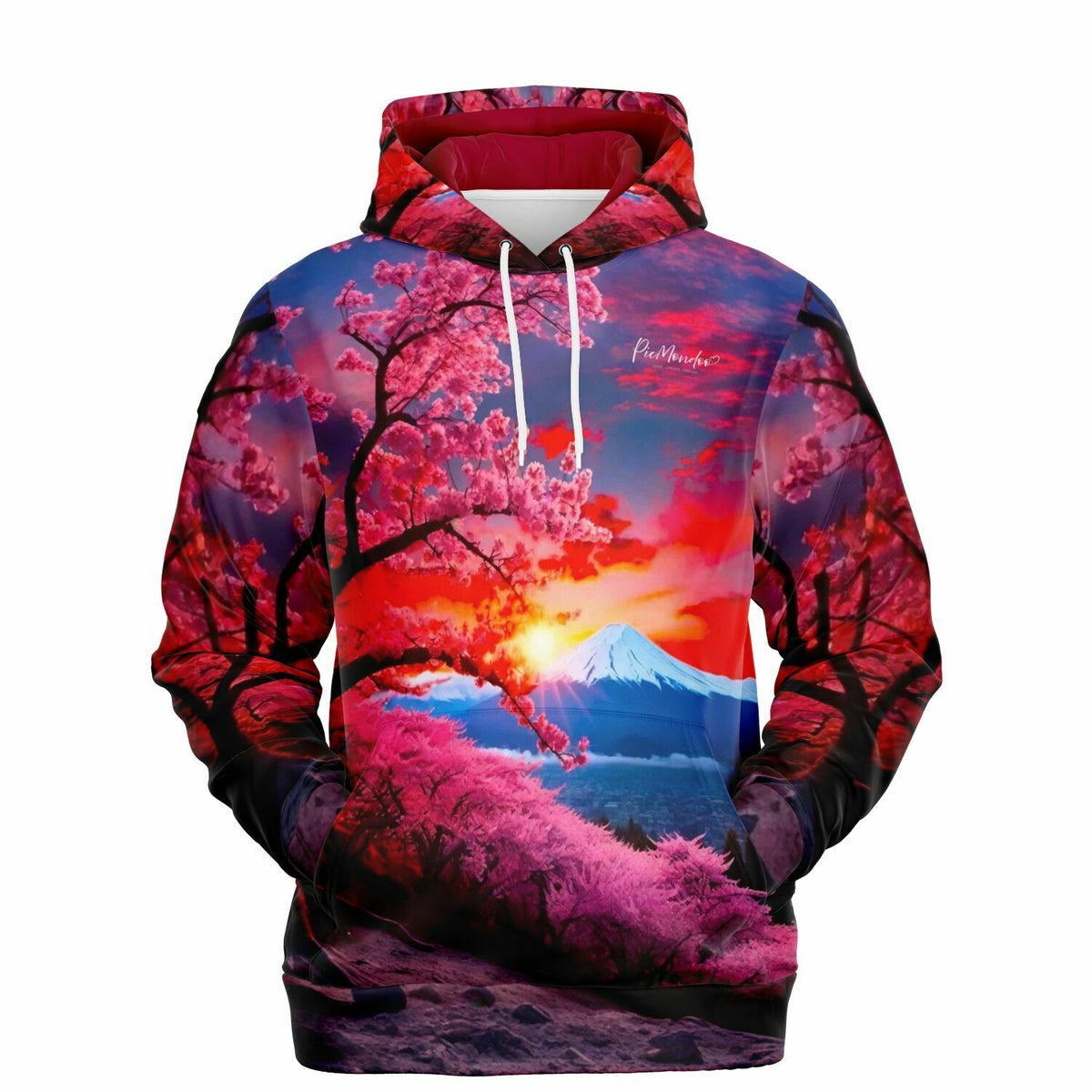Dreamer Hoodie Berg der Kirschblüten mit leuchtendem Fuji Motiv in Pink- und Rottönen für kreative Kunst-Fans