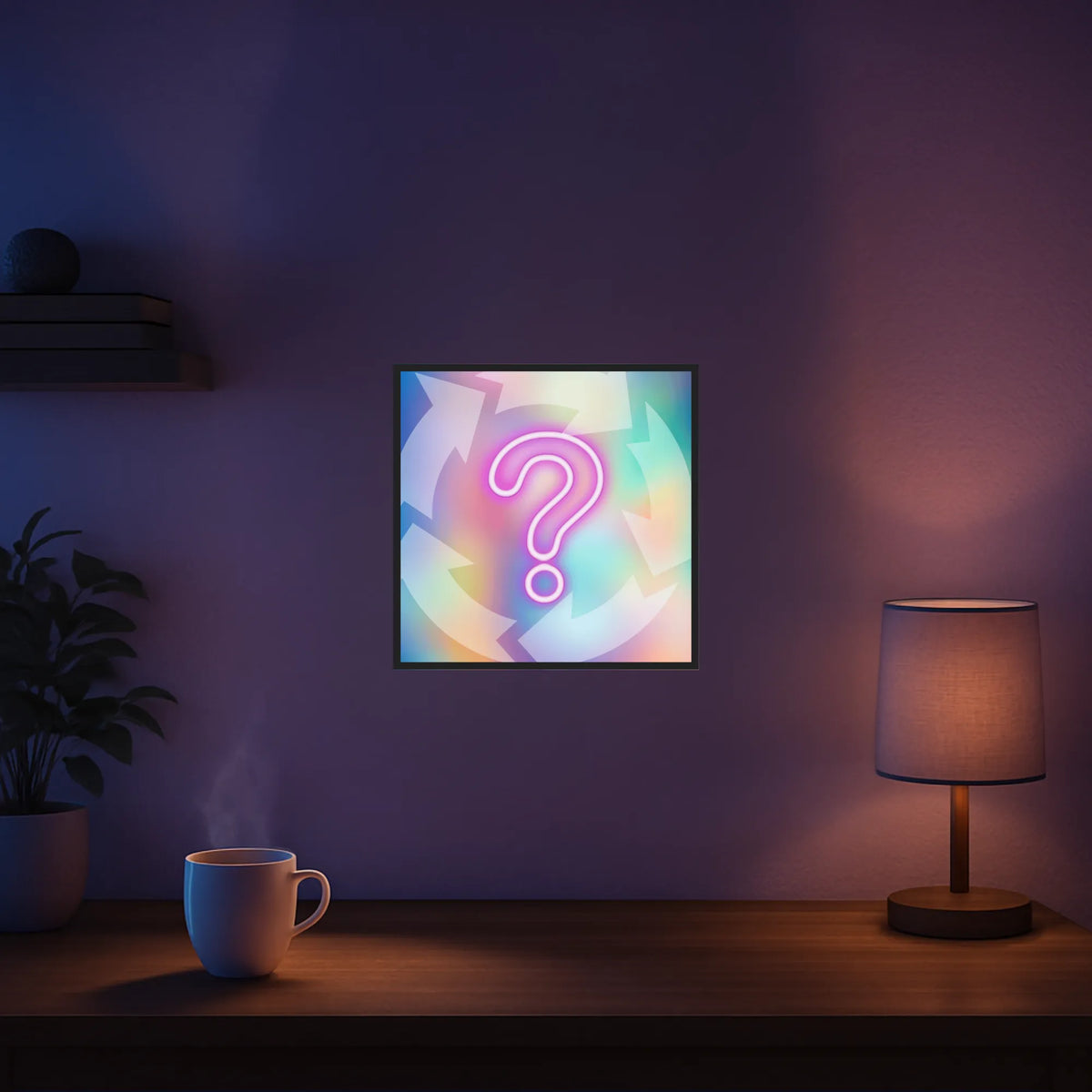 Mystery Diamond Painting Set mit leuchtendem Fragezeichen-Motiv in einem stimmungsvollen Wohnzimmer