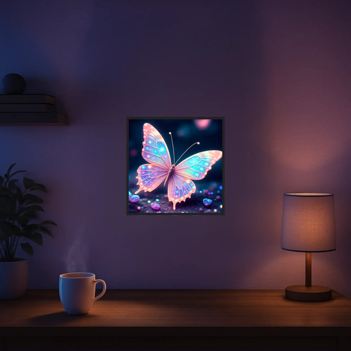 Diamond Painting Set Lichttänzer mit leuchtendem Schmetterling Motiv in magischer Nachtstimmung an einer Zimmerwand