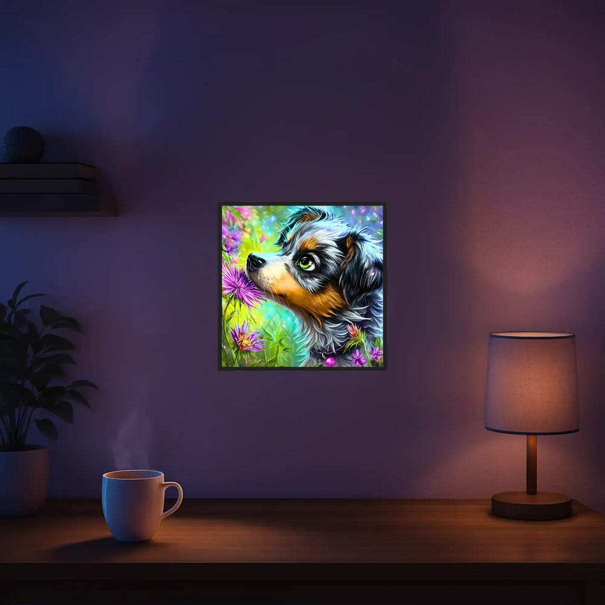 Diamond Painting Set Yaro: Süßer Welpe mit grünen Augen im Blumenbeet, detailreiches Hundeporträt mit Glitzersteinchen.