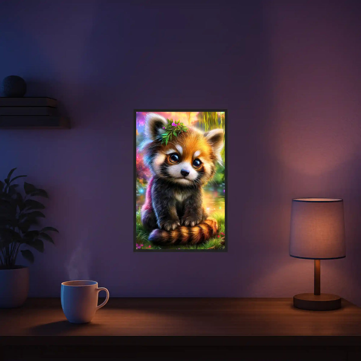 Diamond Painting Set Kind des Waldes mit süßem rotem Panda und Blumenkranz im magischen Märchenwald