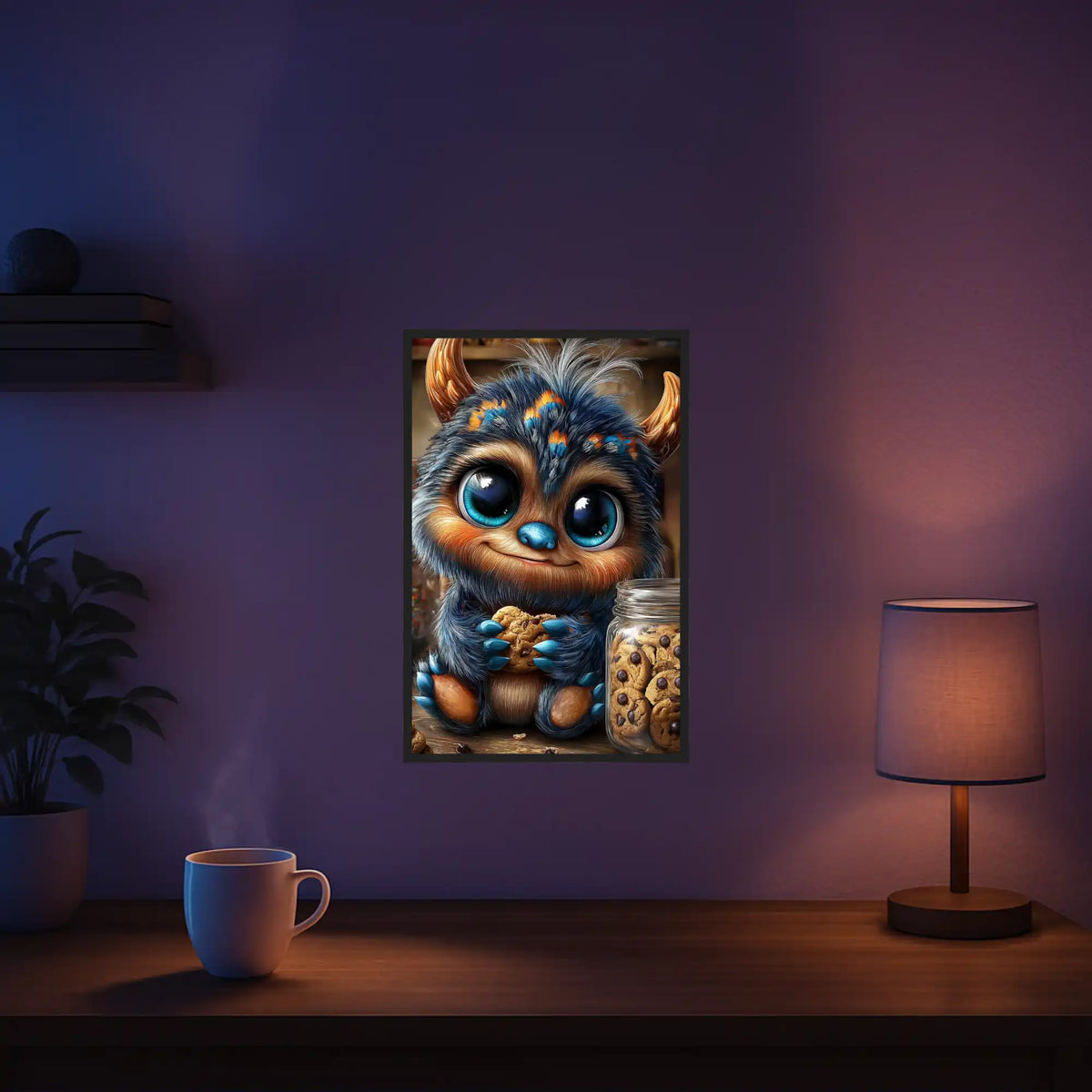 Diamond Painting Set Die Keksfrage: Süßes blaues Fantasy-Wesen mit riesigen Augen und Schokokeks vor einer Keksdose.