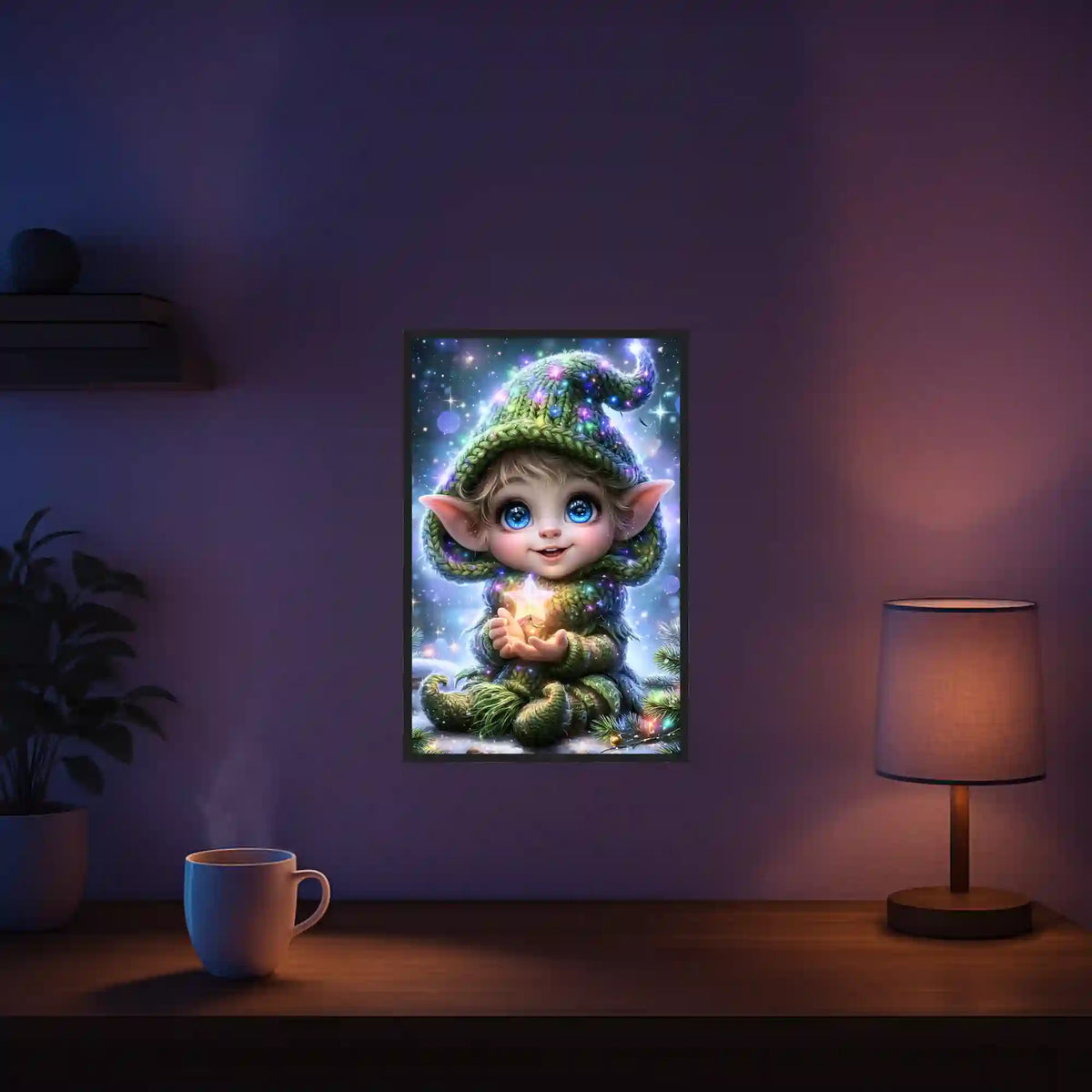 Diamond Painting Set Motiv: Niedlicher Wichtel mit Stern im magischen Winterwald, gerahmt an einer Wand