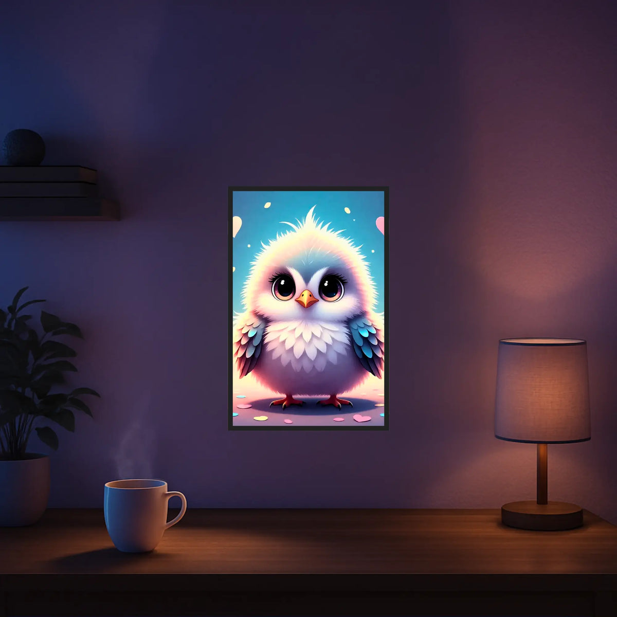 Diamond Painting Set mit niedlichem Vogelküken im Cartoonstil, flauschigen Federn, Herzchen und pastellfarbenem Schimmer