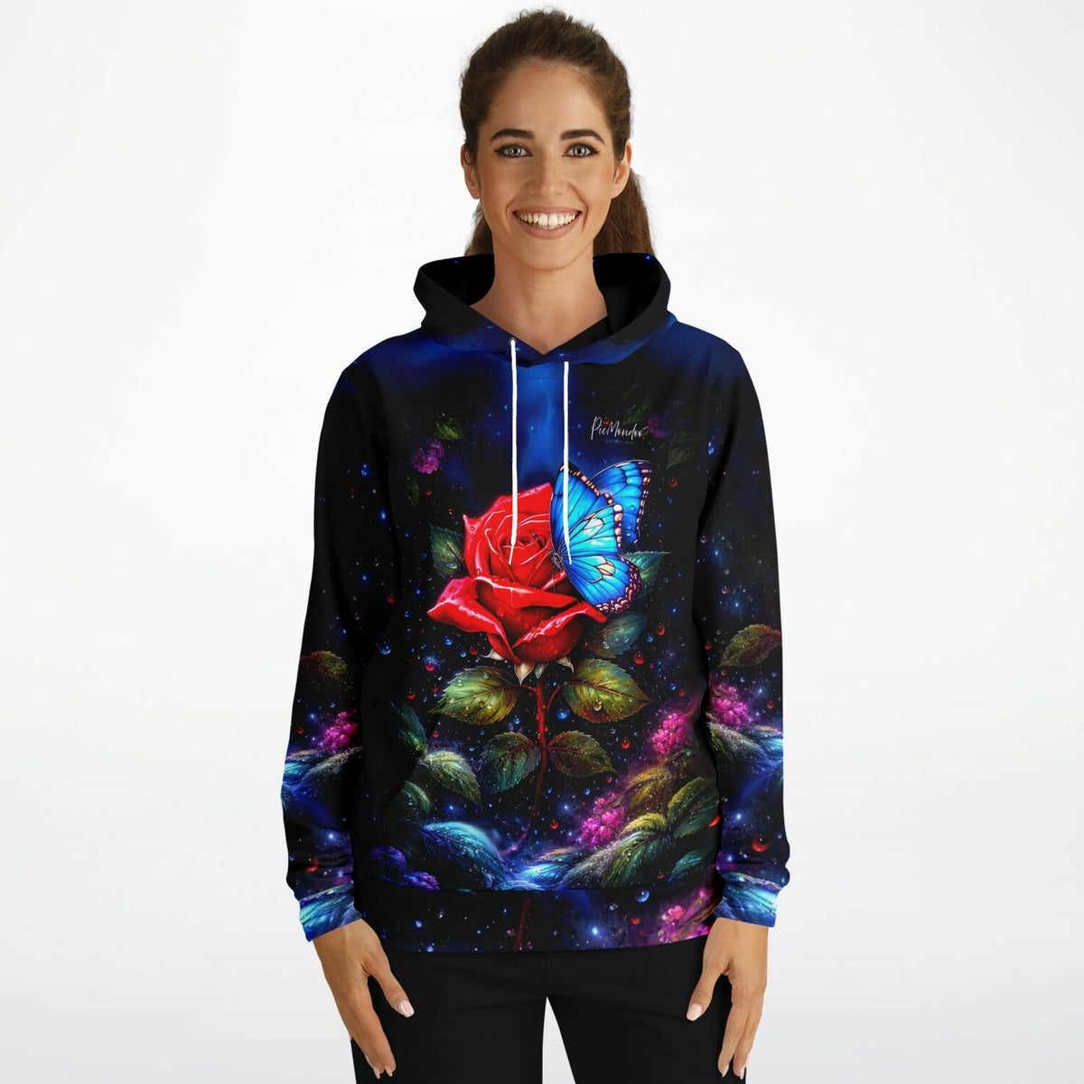Dreamer Hoodie mit glitzerndem Design: Rote Rose und blauer Schmetterling, inspiriert durch Diamond Painting Kunst