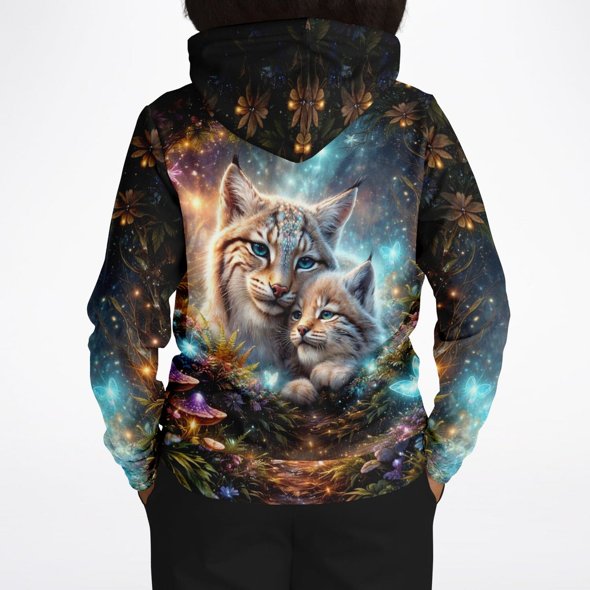 Dreamer Hoodie mit magischem Luchs-Motiv im Stil von Diamond Painting, detailreicher Druck mit leuchtenden Farben.
