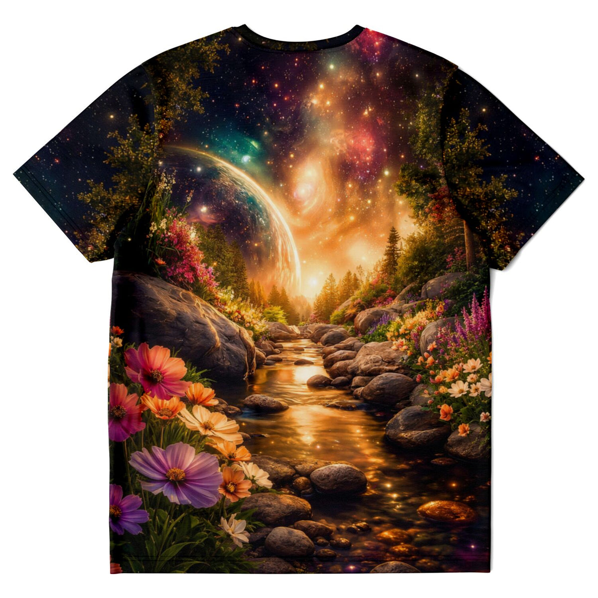 Dreamer T-Shirt mit farbenfroher Galaxie-Landschaft, Blumen am Bachlauf und Sternenhimmel im Diamond Painting Stil