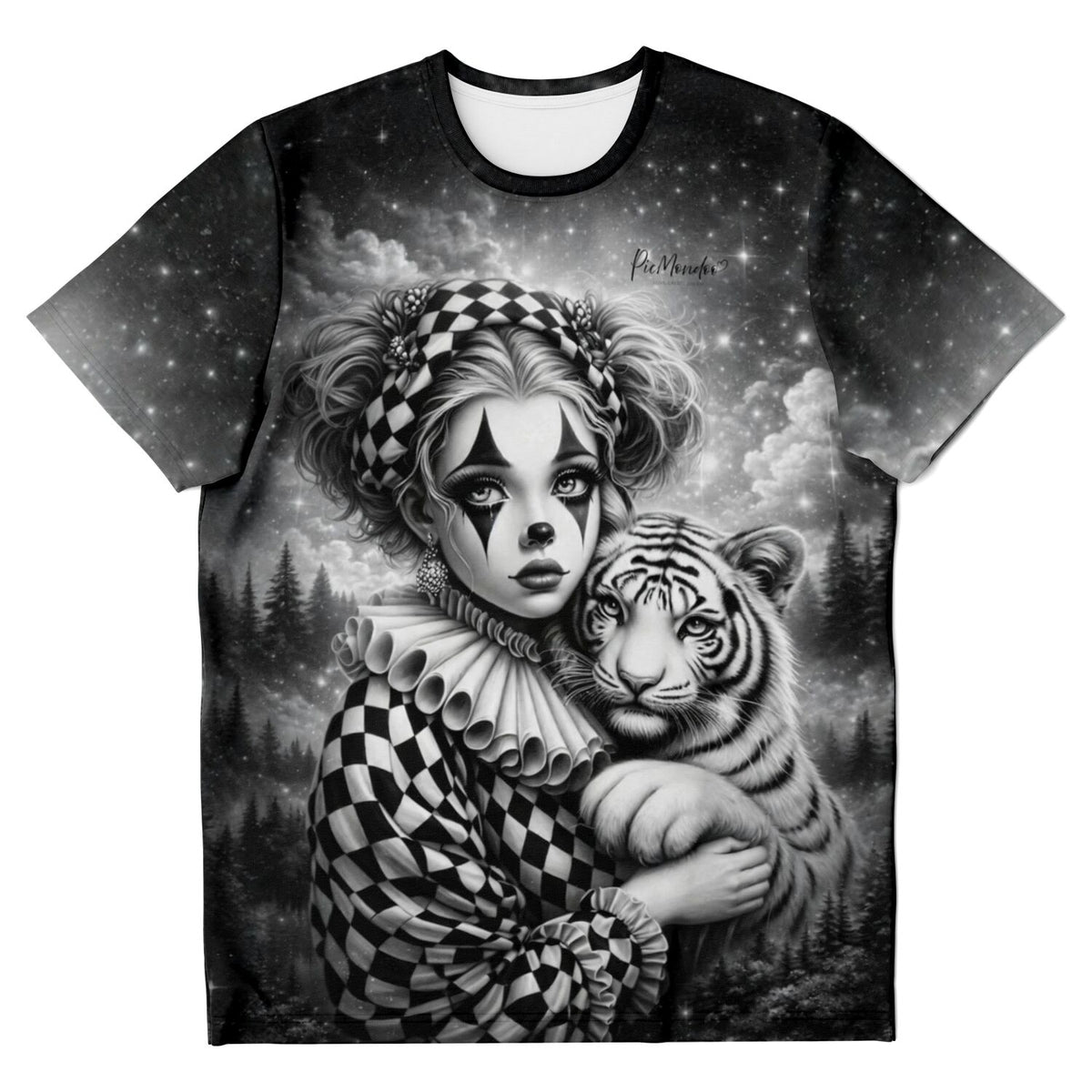 T-Shirt mit Maskerade-Motiv: Ein Mädchen im Harlekin-Kostüm mit weißem Tiger, inspiriert von Diamond Painting Kunst.