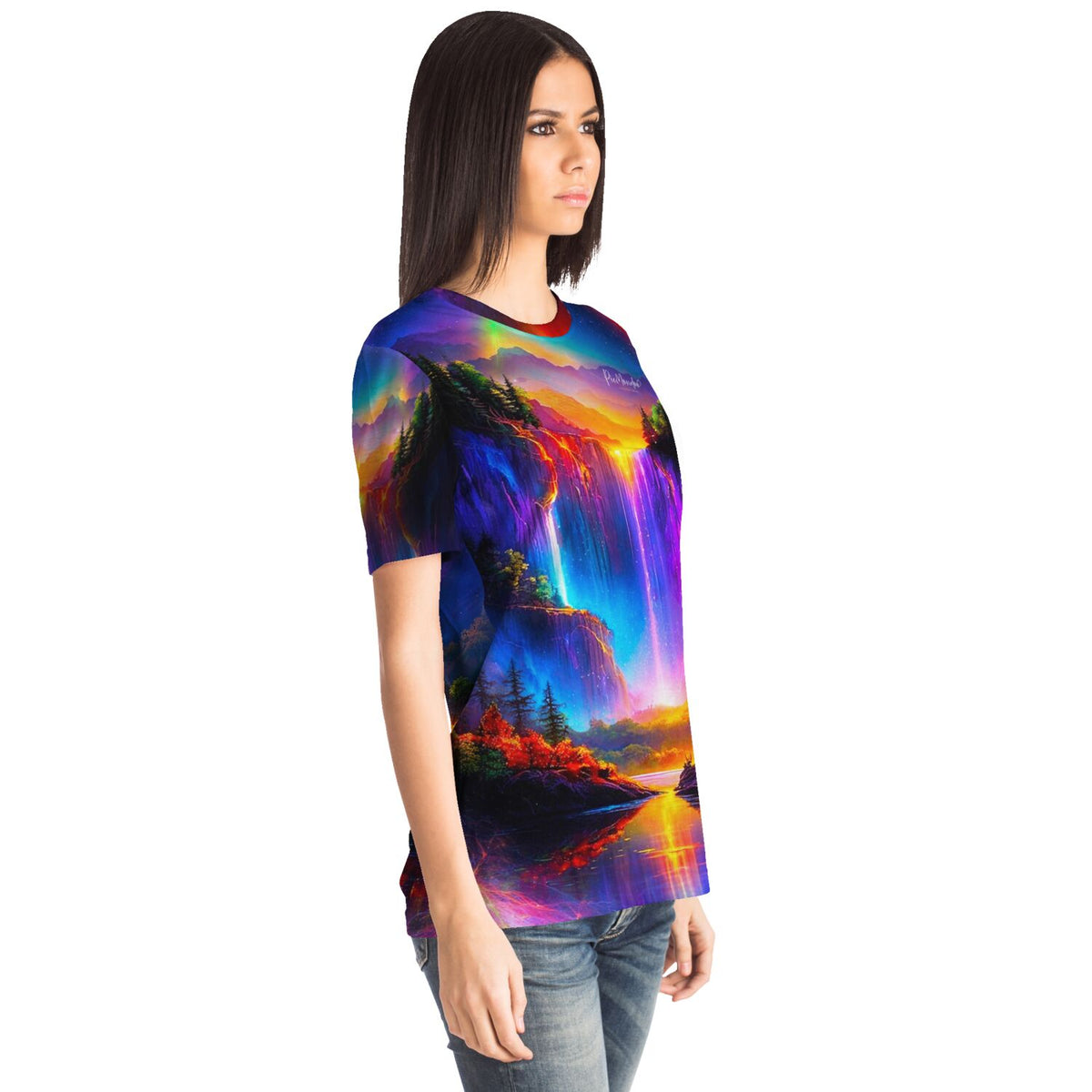 Frau trägt ein T-Shirt mit leuchtendem Wasserfall-Motiv im Stil von Diamond Painting und Malen nach Zahlen Designs