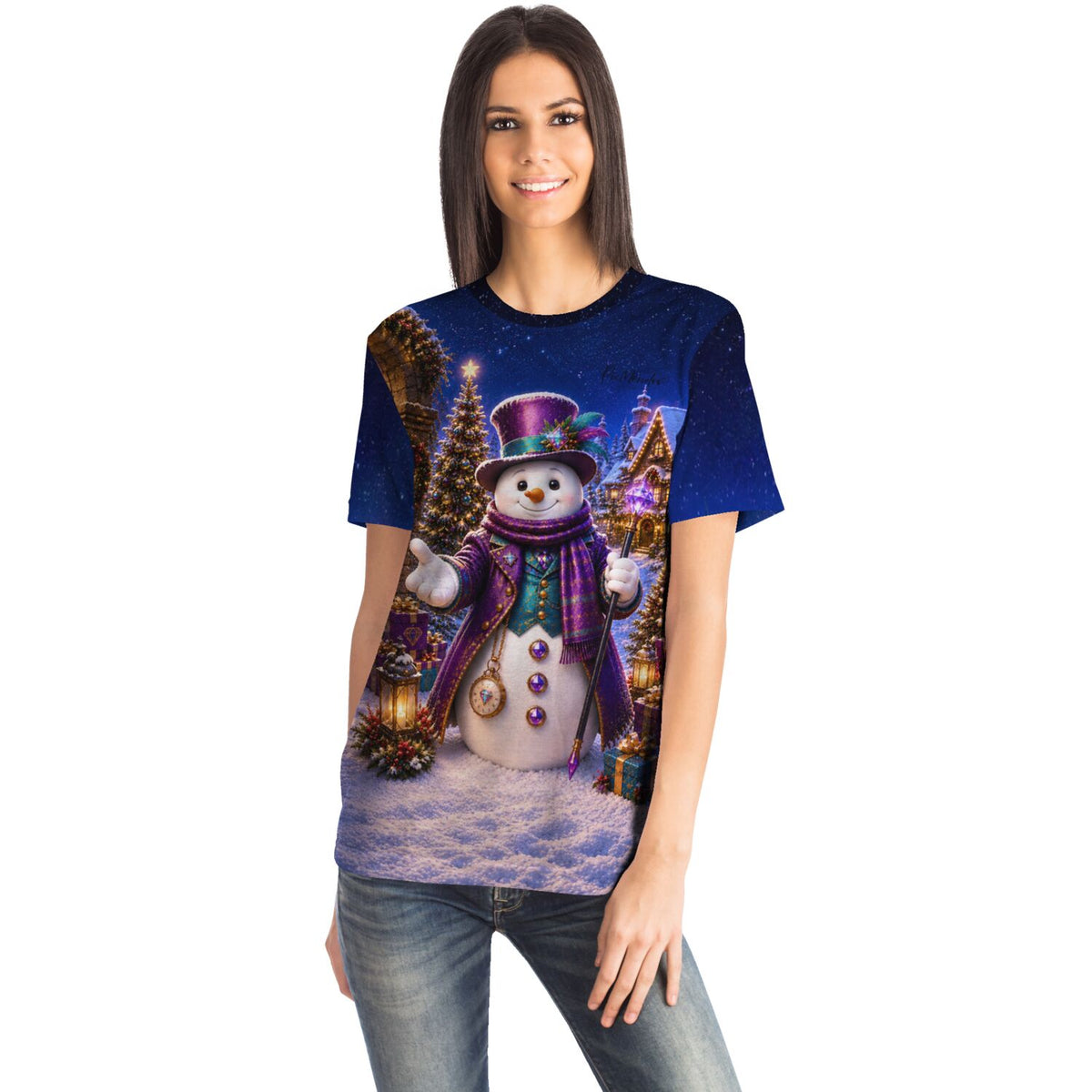 Frau trägt T-Shirt mit Winterzauber-Motiv im Stil von Diamond Painting, Schneemann Design mit Glitzereffekten