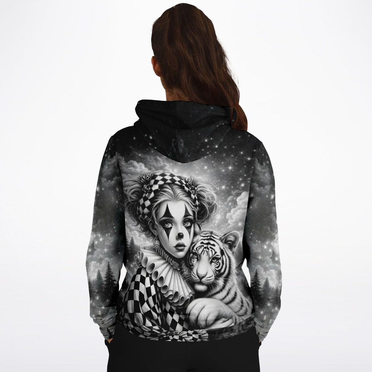 Dreamer Hoodie Maskerade mit schwarz-weißem Motiv einer Harlekin-Dame und weißem Tiger im kunstvollen All-Over-Print