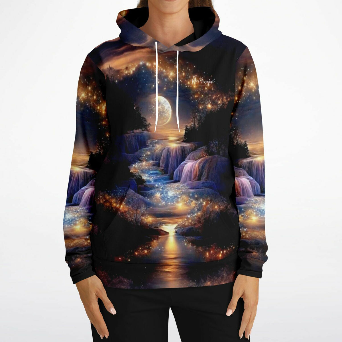Dreamer Hoodie mit traumhaftem Landschaftsmotiv, Mondschein und glitzernden Lichtern, inspiriert von Diamond Painting Kunst
